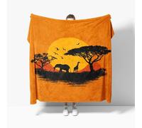 Coperta Pile in Morbido, Colore Arancione Coperta Flanella Divano 180x220cm | 3D Coperta Plaid Letto Calore Africa Praterie Animali Elefanti Giraffe, Non perde pelo Copriletto per Ragazzi e Ragazze