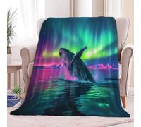 Coperta Pile Matrimoniale 150 x 200 cm Natura Aurora Boreale Balene Plaid per Divano e Letto, Coperta in Pile di Flanella Calda e Morbida, Verde Scuro - Per Letti Divani e Mobili