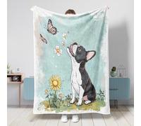 Coperta primaverile per cani Boston Terrier, 101 x 127 cm, con girasole, pianta e fiore, calda e soffice, in flanella, per camera da letto, campeggio, divano e decorazione per animali domestici