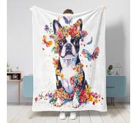 Coperta primaverile per cani Boston Terrier, 152 x 203 cm, graziose farfalle floreali calde, soffici e accoglienti, in flanella, per camera da letto, campeggio, viaggi, divano per animali domestici