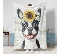Coperta rustica per cani Boston Terrier, 127 x 152 cm, con girasole e margherite, calda e soffice, in flanella, per camera da letto, campeggio, divano, decorazione per animali domestici