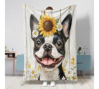 Coperta rustica per cani Boston Terrier, 127 x 152 cm, con girasole e margherite, calda, soffice e accogliente, in flanella, per camera da letto, campeggio, viaggi, divano, decorazione per animali