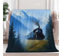 Coperta singola in pile blu, a tema avventura, treno di montagna, non perde pelucchi, morbida e calda, reversibile, per letto o divano