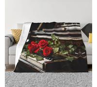 Coperta stampata con rosa rossa su pianoforte, per tutte le stagioni, super morbida e accogliente, coperta in flanella calda per divano e letto