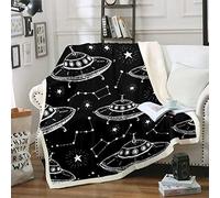 Coperta stampata UFO in pile a tema spazio esterno per divano da viaggio divano cielo stellato Sherpa coperta costellazione peluche coperta decorazione camera bianco e nero king 2007 x 2286 cm