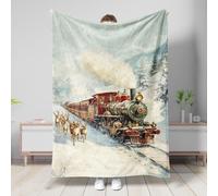 Coperta vintage a vapore, verde invernale, con treno delle meraviglie di Natale, coperta decorativa in morbido pile per notti accoglienti, vacanze, feste, uso per tutte le stagioni, 152 x 203 cm