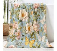 Coperta vintage ad acquerello, con piante, fiori, rose, farfalle, blu, coperta da divano, morbida, calda, soffice, per viaggi, campeggio, esterni, 100 x 130 cm
