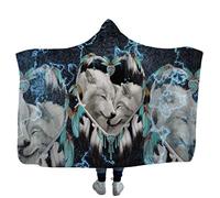 Coperte con Cappuccio per Adulti Bambini,Gatto Sveglio del Lupo Animale 3D Coperta di Peluche Divano Letto Caldo Scialle Mantello Invernale (Dream Catcher, 130 * 150cm)