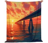 Coperte Ponte del mare al tramonto, mare arancione Flanella Coperta Arancione Blu Tutte le Stagioni per Divano, Soggiorno, Camera da Letto Idee regalo per Natale e la Festa 220 x 240 cm