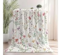 Coperte Rappresentazioni realistiche di fiori e farfalle. Flanella Coperta Beige Tutte le Stagioni per Divano, Soggiorno, Camera da Letto Idee regalo per Natale e la Festa 220 x 260 cm