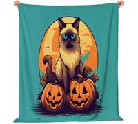 Coperte Zucca retrò gatto siamese Flanella Coperta Marrone Arancione Tutte le Stagioni per Divano, Soggiorno, Camera da Letto Idee regalo per Natale e la Festa 220 x 260 cm