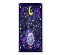Copertura decorativa per porta a forma di gatto, fantasiosa luna magica stella di Halloween, nera, con corda da appendere, decorazione per la casa, per portico, patio, interni ed esterni, 91 x 182 cm