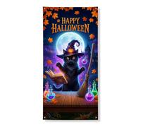 Copertura decorativa per porta a forma di gatto, fantasiosa scopa con pozione spettrale, per Halloween, nera, con corda, decorazione per la casa, per portico, porta, parete, interni ed esterni, 91 x
