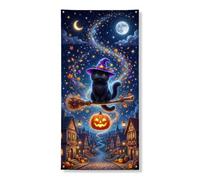 Copertura decorativa per porta a forma di gatto, fantasiosa scopa con zucche di Halloween, colore nero, con corda da appendere, decorazione per la casa, per portico, parete, interni ed esterni, 91 x