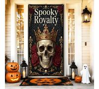 Copertura decorativa per porta a forma di teschio, gotico elegante, con rose reali di Halloween, colore nero, con corda per porta d'ingresso, decorazione per la casa, per portico, parete, interni ed