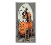 Copertura decorativa per porta con cane e zucca di Halloween, decorazione vintage con cane in carrozza di zucca, decorazione per porta d'ingresso, forniture per interni ed esterni, 91 x 182 cm