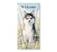 Copertura decorativa per porta con cane husky di benvenuto, motivo floreale ad acquerello, decorazione per interni ed esterni, cartello di benvenuto per porta d'ingresso primaverile ed estate, 91 x