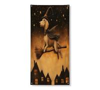 Copertura decorativa per porta con cane strega di Halloween, fantasioso design con skyline notturno, decorazione per porta d'ingresso, forniture per interni ed esterni, per vacanze stagionali, 91 x