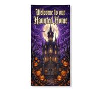 Copertura decorativa per porta con castello e zucche gotiche spettrali, luna, Halloween, viola, con corda per porta d'ingresso, decorazione per la casa, per portico, patio, interni ed esterni, 91 x
