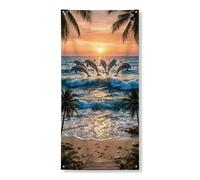 Copertura decorativa per porta con delfino, tramonto tropicale, onde realistiche dell'oceano e palme, decorazione per porta d'ingresso, per interni ed esterni, a tema spiaggia, forniture per vacanze