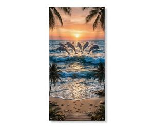 Copertura decorativa per porta con delfino, tramonto tropicale, onde realistiche dell'oceano e palme, decorazione per porta d'ingresso, per interni ed esterni, a tema spiaggia, forniture per vacanze