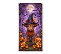 Copertura decorativa per porta con mucca, fantasiosa zucche festive, pipistrello, Halloween, viola, con corda, sfondo per porta d'ingresso, decorazione per la casa, per portico, parete, interni ed