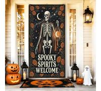 Copertura decorativa per porta con scheletro, fantasiosa luna di rosa, Halloween, nera, con corda da appendere, decorazione per la casa, per portico, porta, parete, interni ed esterni, 91 x 182 cm