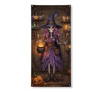 Copertura decorativa per porta con scheletro, fantasioso cappello da strega spettrale calderone viola con corda per porta d'ingresso, decorazione per la casa, per ingresso, portico, interni ed esterni