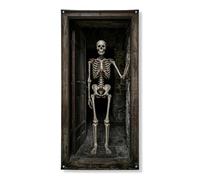 Copertura decorativa per porta con scheletro, gotico spettrale, telaio per porta di Halloween, nero con corda anteriore, sfondo per la casa, per portico, patio, porta, decorazione per feste, 91 x 182