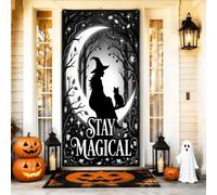 Copertura decorativa per porta con strega, fantasiosa gatta, luna, Halloween, nero, con corda, sfondo per porta d'ingresso, decorazione per la casa, per porte, pareti, portico, feste, 91 x 182 cm