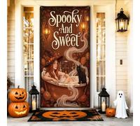 Copertura decorativa per porta con strega, fantasiosa vasca da bagno vintage con gatto per Halloween, marrone con corda da appendere, decorazione per la casa, per portico, patio, porta, feste, 91 x