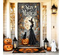 Copertura decorativa per porta con strega, fantasiosa zucca gotica con gatto e zucche di Halloween, con corda da appendere, decorazione per la casa, per portico, ingresso, interni ed esterni, feste