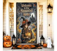 Copertura decorativa per porta con strega, fantasiosa zucca spettrale, lanterna per Halloween, nera, con corda, sfondo per porta d'ingresso, decorazione per la casa, per portico, porta, interni ed