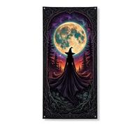 Copertura decorativa per porta con strega, gotica, mistica, luna, foresta, Halloween, nero, con corda da appendere, decorazione per la casa, per portico, patio, interni ed esterni, 91 x 182 cm
