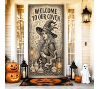 Copertura decorativa per porta con strega, lanterna gotica vintage, zucche, Halloween, nera, con corda, striscione per porta d'ingresso, decorazione per la casa, per portico, parete, interni ed