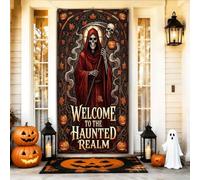 Copertura decorativa per porta con teschio spettrale gotico e spettrale, con zucche di Halloween, rosso, con corda, decorazione per la casa, per porta, portico, patio, interni ed esterni, 91 x 182 cm