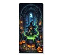Copertura decorativa per porta da strega, con zucche spettrali, calderone fantasioso per Halloween, verde con corda, striscione per porta d'ingresso, decorazione per la casa, per portico, patio, porta