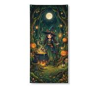 Copertura decorativa per porta da strega, fantasiosa fantasia con zucche calderone di Halloween verde con corda per porta d'ingresso, decorazione per la casa, per portico, porta, parete, interni ed