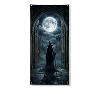 Copertura decorativa per porta da strega, gotica spettrale luna, pipistrelli, Halloween, nero, con corda, striscione per porta d'ingresso, decorazione per la casa, per portico, porta, interni, esterni