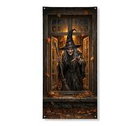Copertura decorativa per porta da strega, gotica spettrale, scopa, zucche, Halloween, nera, con corda, decorazione per la casa, per porte, pareti, portico, feste, 91 x 182 cm