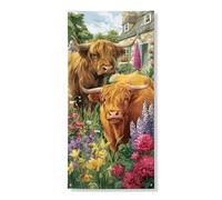 Copertura decorativa per porta del bestiame delle Highland, fantasioso design floreale con animali della fattoria, decorazione primaverile per esterni, decorazione per la casa, tema natura vintage, 91
