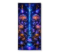 Copertura decorativa per porta della foresta mistica, con funghi blu incantati, decorazione floreale per porta d'ingresso, per interni ed esterni, da appendere, per festival, vacanze, 91 x 182 cm