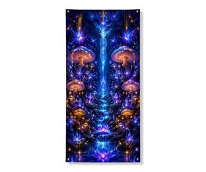 Copertura decorativa per porta della foresta mistica, con funghi blu incantati, decorazione floreale per porta d'ingresso, per interni ed esterni, da appendere, per festival, vacanze, 91 x 182 cm