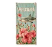 Copertura decorativa per porta di benvenuto con fiori di ibisco e squalo, design vintage tropicale fiorito, decorazione per porta d'ingresso, per interni ed esterni, estate, spiaggia, sfondo da