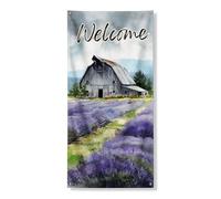 Copertura decorativa per porta di benvenuto in fienile con lavanda, design rustico ad acquerello, decorazione per porta d'ingresso, per primavera ed estate, 91 x 182 cm