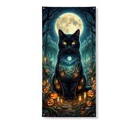 Copertura decorativa per porta di gatto, mistica spettrale, zucche luna, Halloween, nero, con corda, decorazione per la casa, per portico, porta, interni ed esterni, feste, 91 x 182 cm
