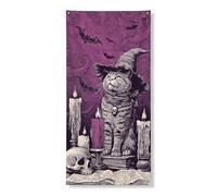 Copertura decorativa per porta di Halloween, con cappello da strega spettrale, design felino per la decorazione della porta d'ingresso, forniture per interni ed esterni, 91 x 182 cm