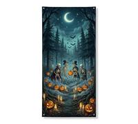 Copertura decorativa per porta scheletrata, fantasiosa zucche luna, Halloween, nero, con corda per porta d'ingresso, decorazione per la casa, per porta, parete, portico, feste, 91 x 182 cm