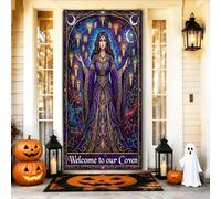 Copertura decorativa per porte con strega, zucche gotiche mistiche, luna, Halloween, viola, con corda, striscione per porta d'ingresso, decorazione per la casa, per portico, parete, interni ed esterni
