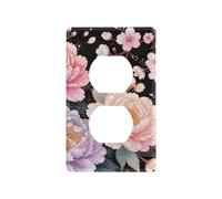 Copertura duplex nera con boccioli di ciliegio fiore di ciliegio, piastra da parete per prese PC, dimensioni standard 4,53 x 2,76 pollici, prese duplex